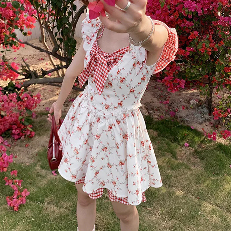 Small Flying Sleeve Floral Plaid Dress - Image 2