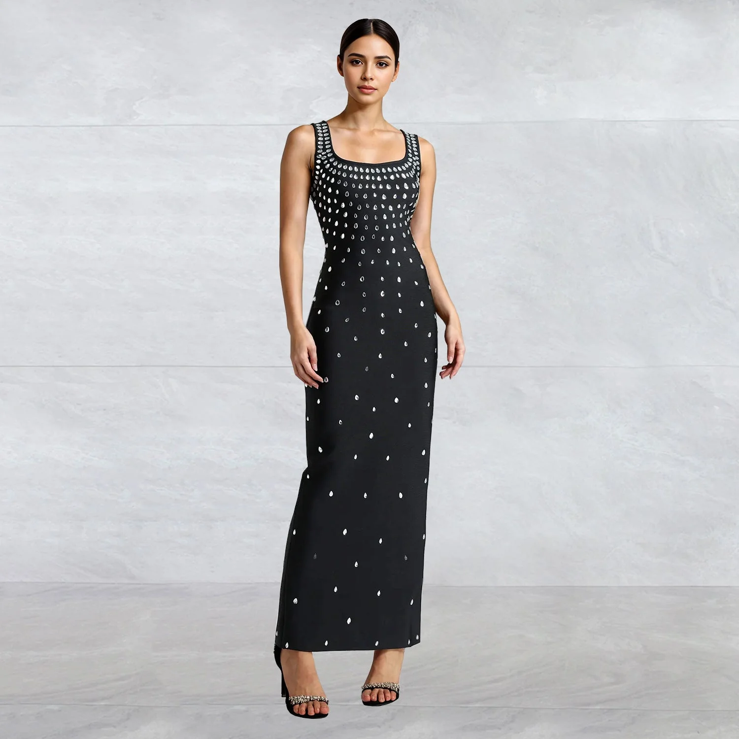 Rhinestone U-Neck Sleeveless Hip Dress