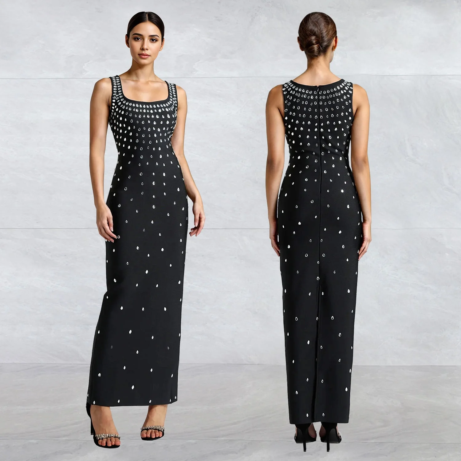 Rhinestone U-Neck Sleeveless Hip Dress - Image 3