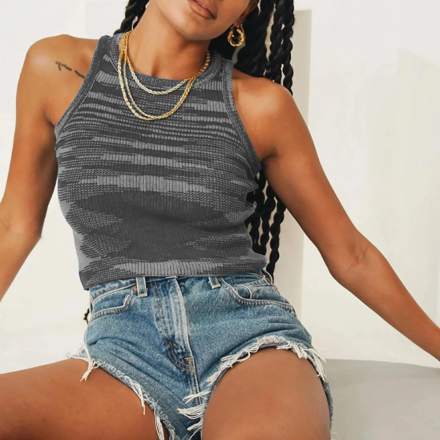 High Neck Contrast Knit Crop Tank - Image 6