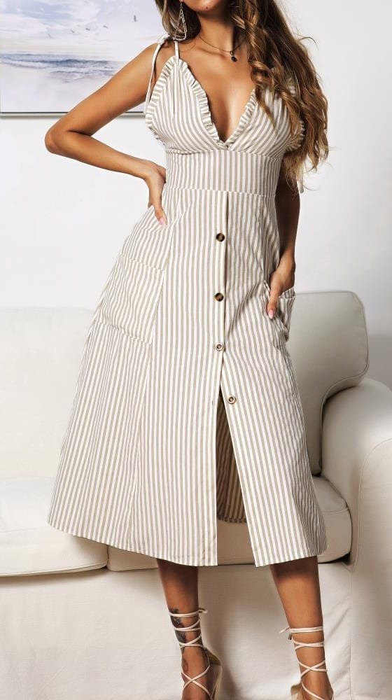 Plunge Neck Nautical Striped Dress - Image 2