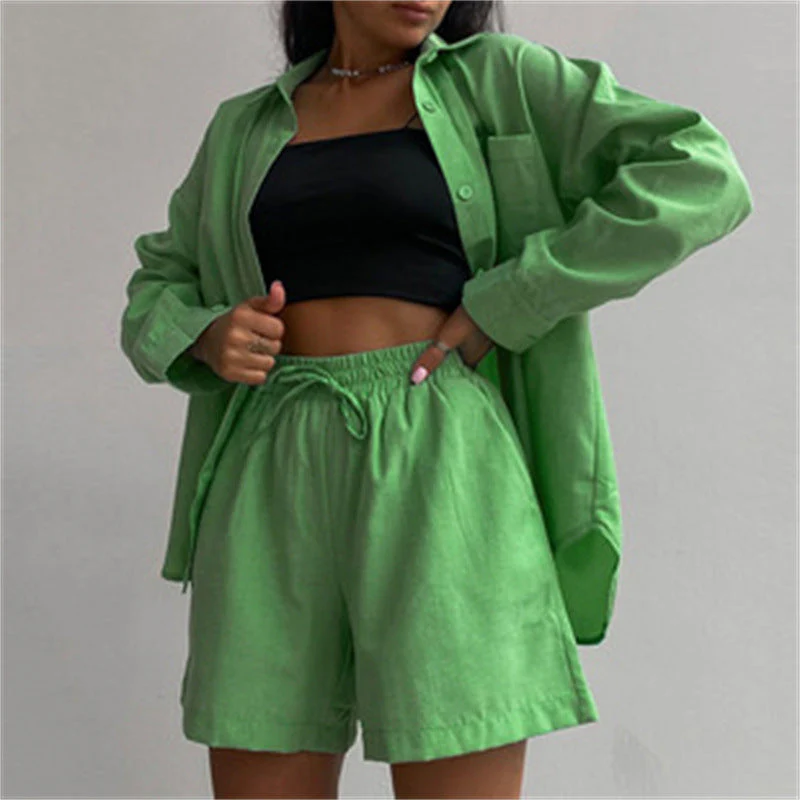Long Sleeve Button Down Shirt & Drawstring Short Set