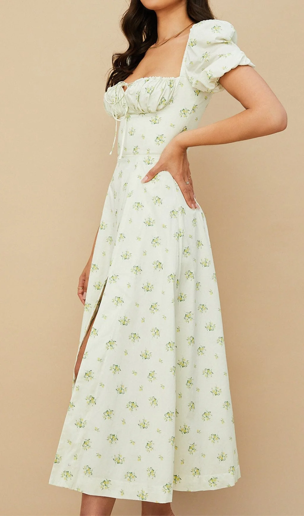 Vintage Floral Puff Sleeve Midi Dress in White - Image 2