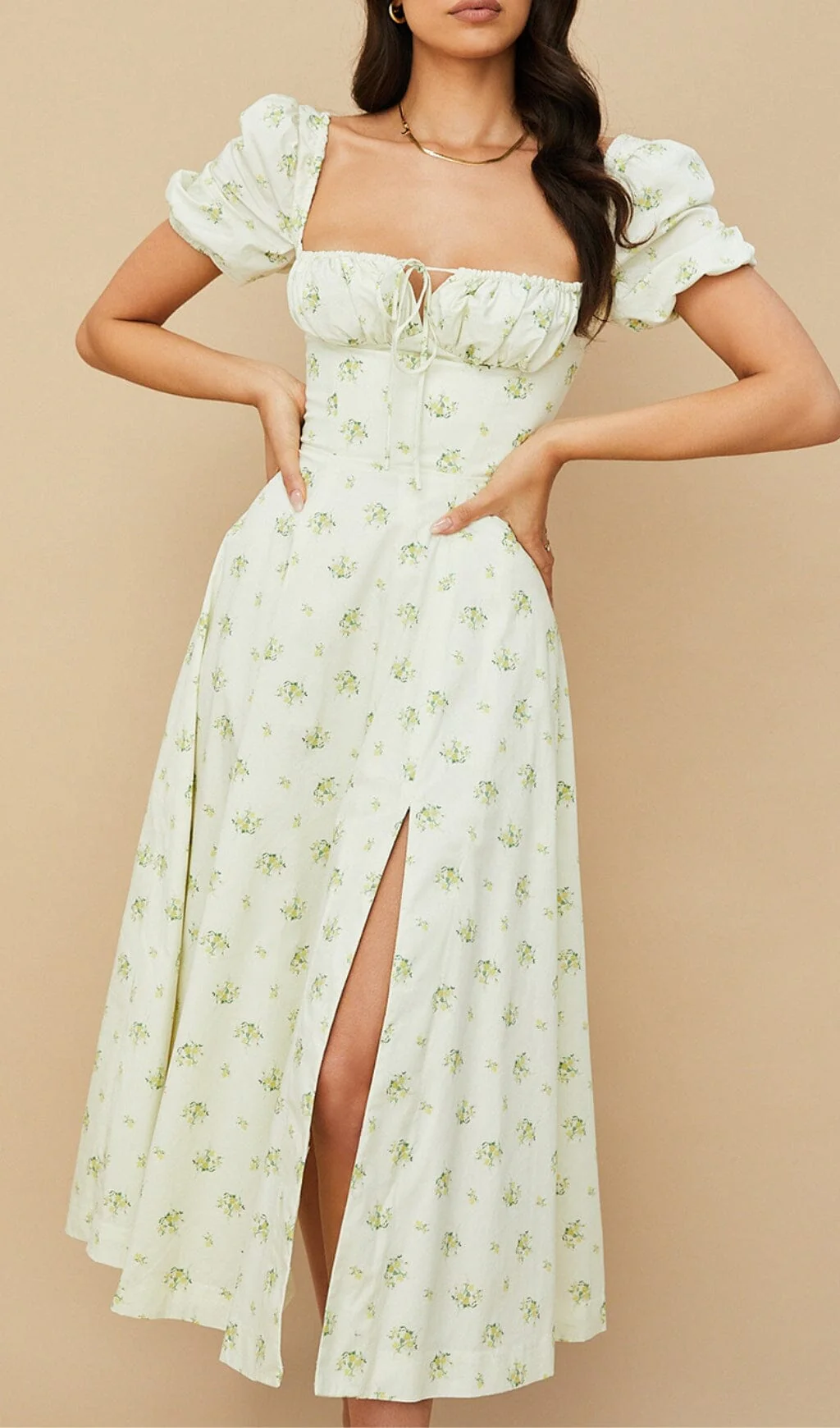 Vintage Floral Puff Sleeve Midi Dress in White - Image 3