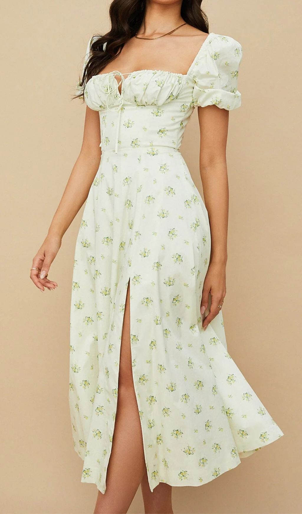 Vintage Floral Puff Sleeve Midi Dress in White - Image 4