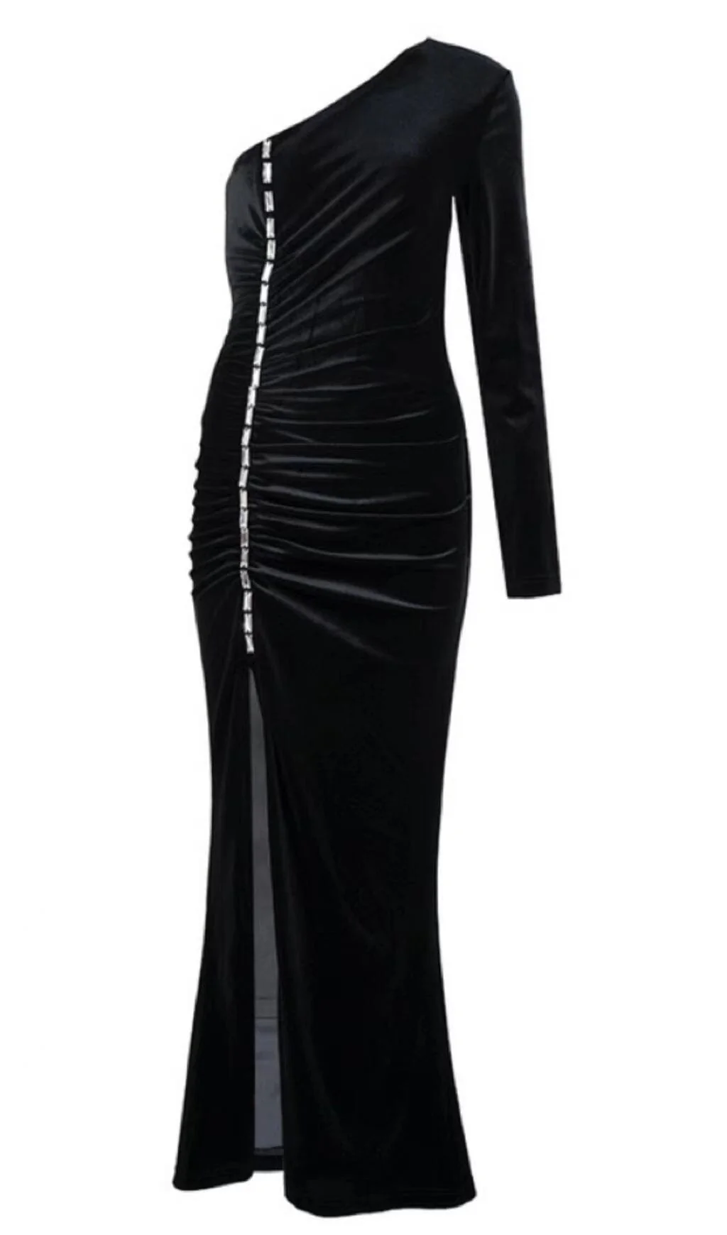 Velvet Diamond One Shoulder Split Maxi Dress in Black - Image 4