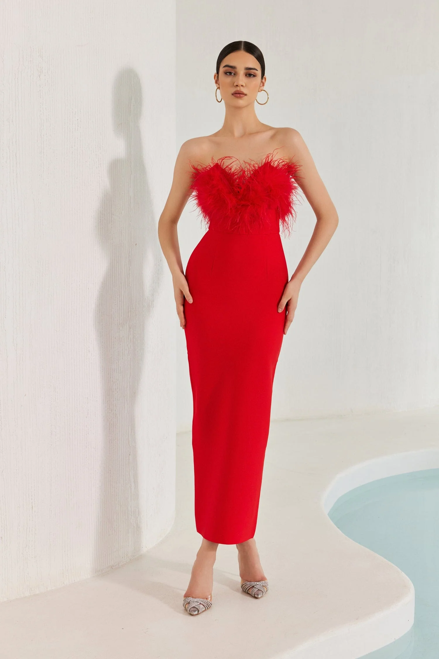 Diaz Feather Tassel Maxi Bandage Dress ââ‚?Red