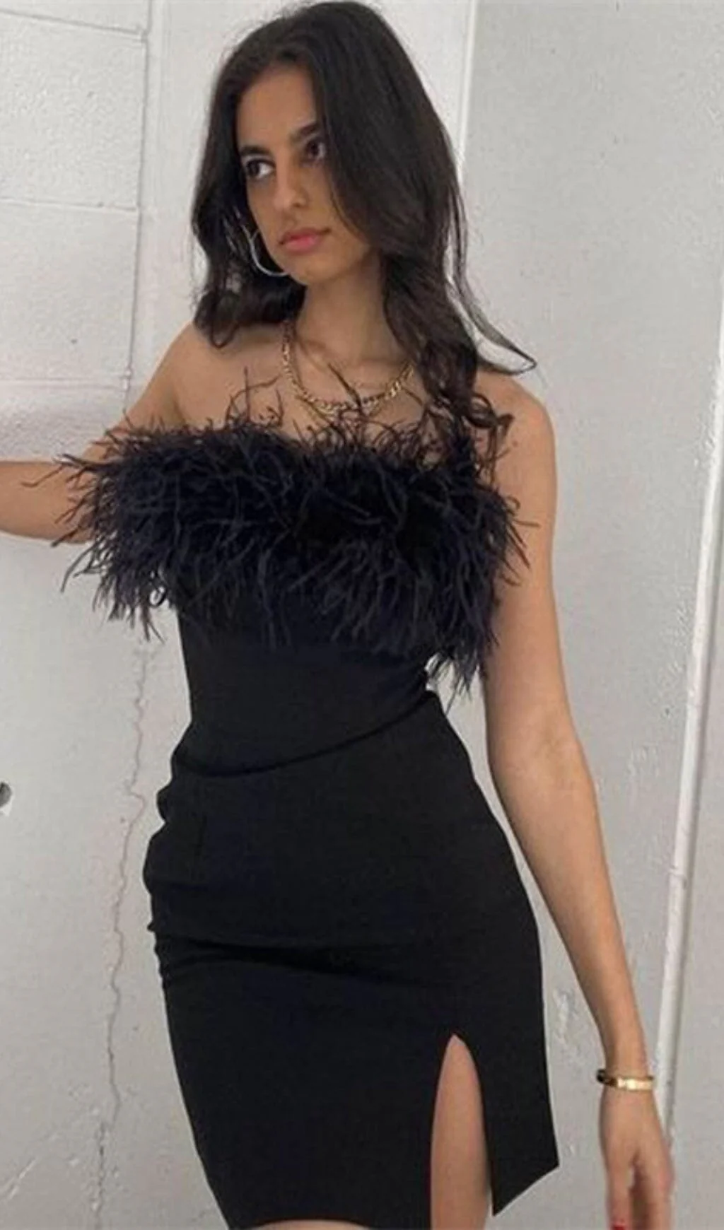 Strapless Feather Mini Dress in Black - Image 6