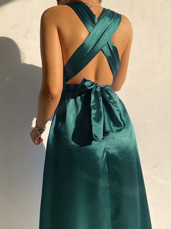 Plain Belted V-Neck Bare Back Dress - Image 2