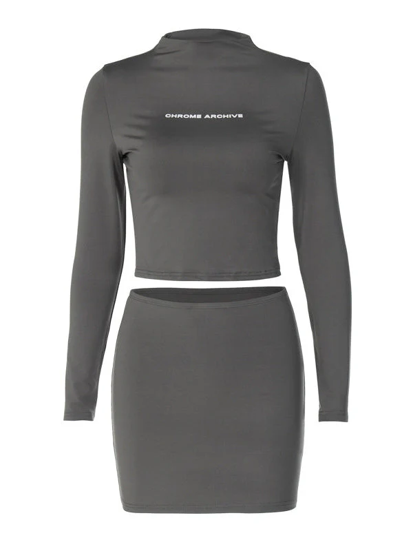 Letter Print Long Sleeve Slim Short Skirt Two Piece Set - Image 5