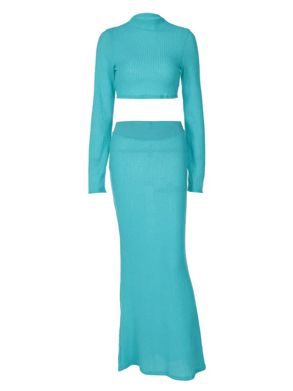 Blue Round Neck Long Sleeve Top Slim Fit Skirt Set - Image 5