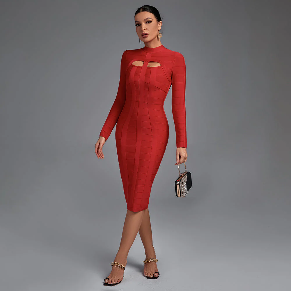 High Neck Long Sleeve Cut Out Over Knee Bandage Dress - Image 3