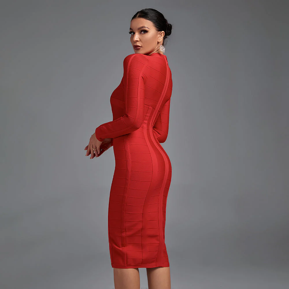 High Neck Long Sleeve Cut Out Over Knee Bandage Dress - Image 4
