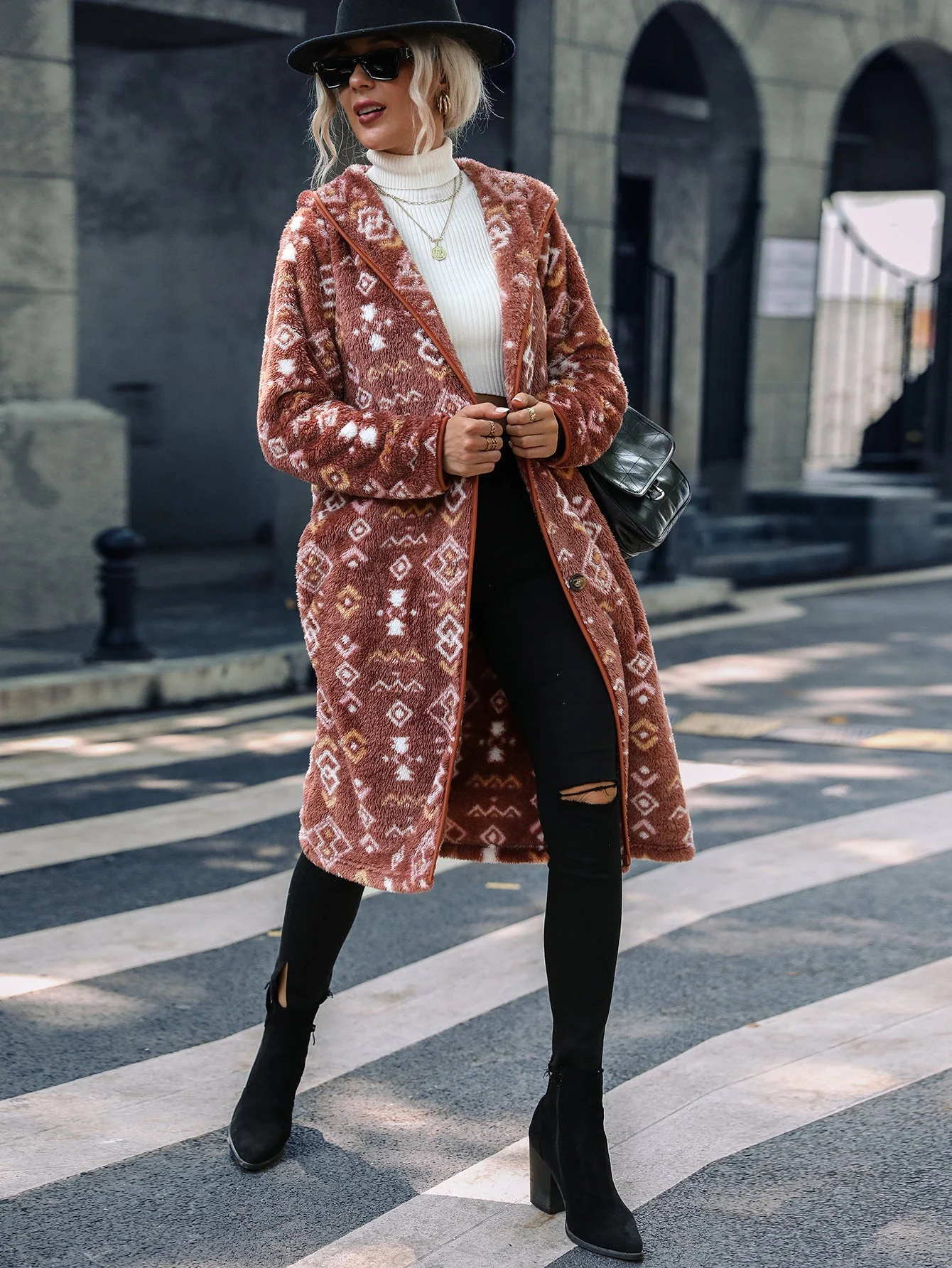 Geometric Print Long Plush Coat - Image 2