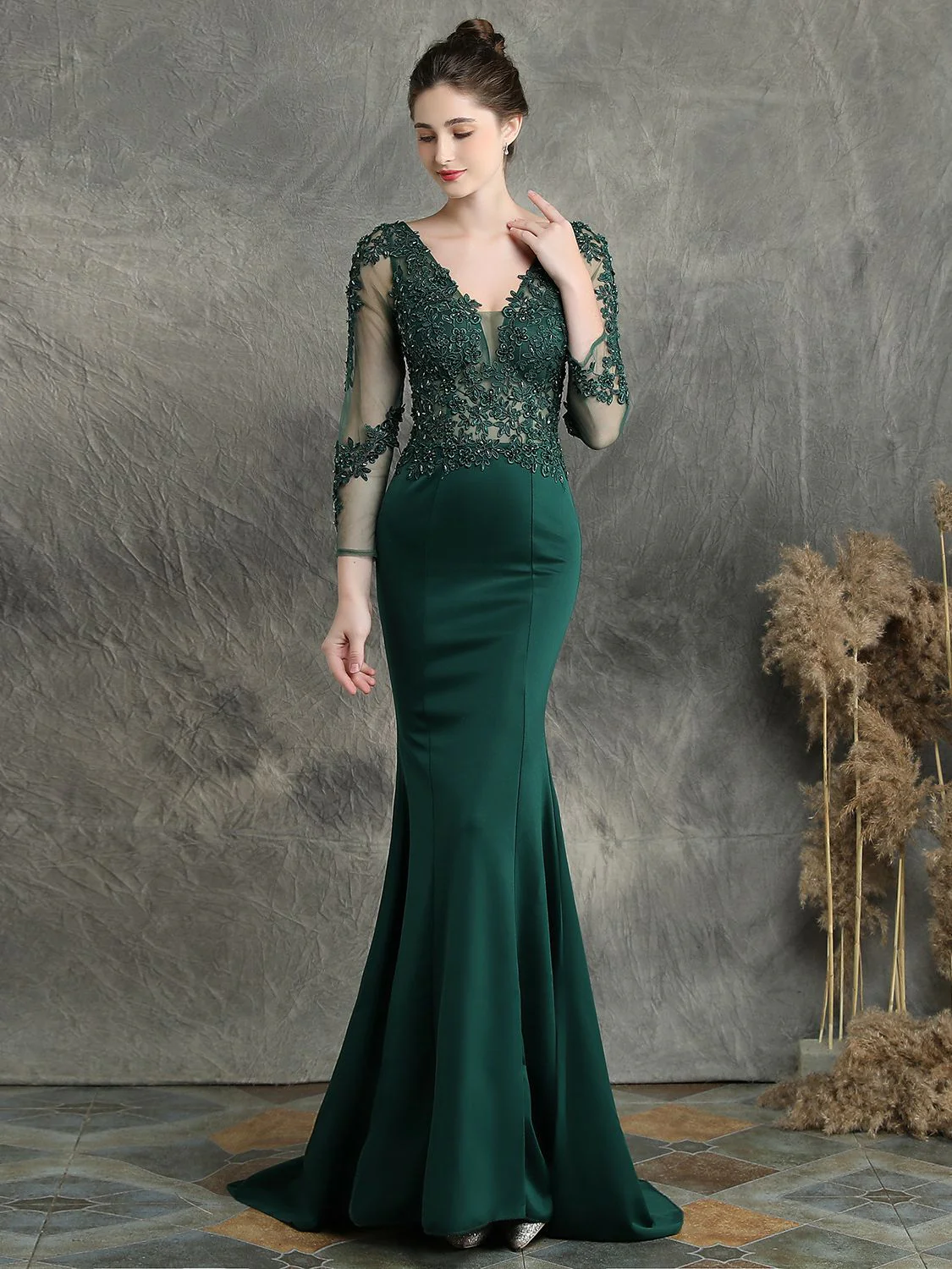 Handmade applique studded long sleeved evening dress - Image 8