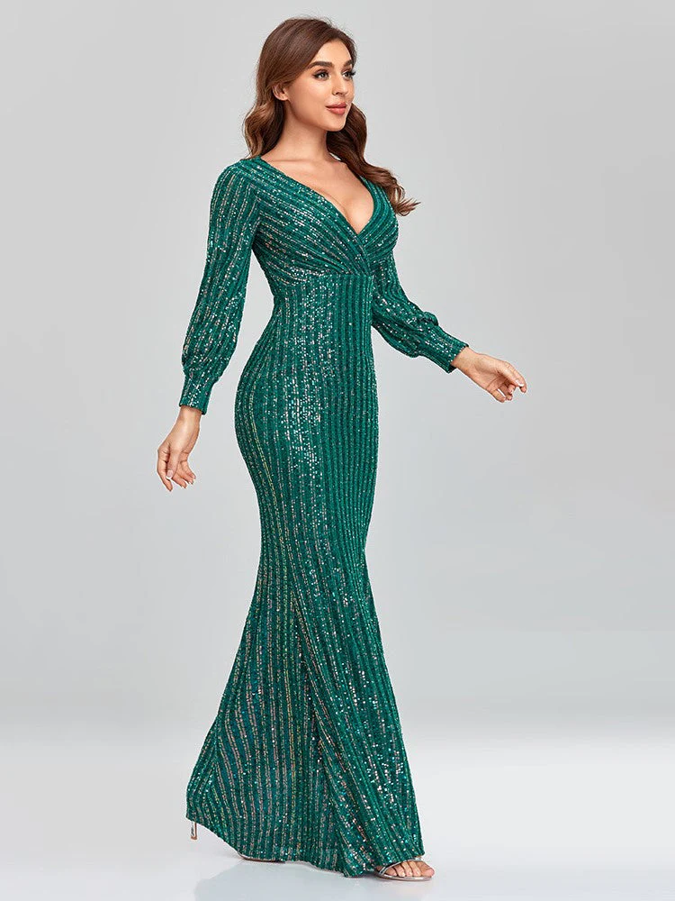 Elegant Long Sleeve Sequined Evening Dress - Image 3