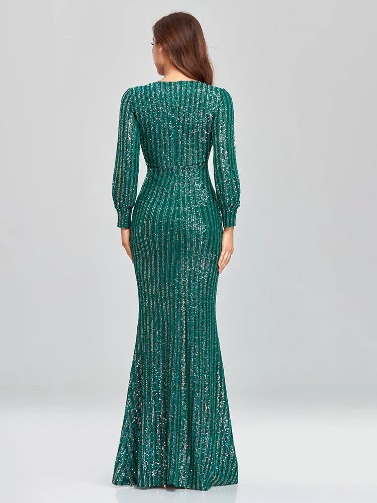 Elegant Long Sleeve Sequined Evening Dress - Image 4