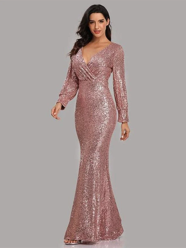 Elegant Long Sleeve Sequined Evening Dress - Image 7
