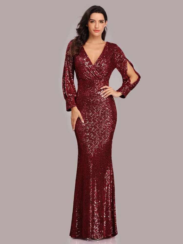Elegant Long Sleeve Sequined Evening Dress - Image 9