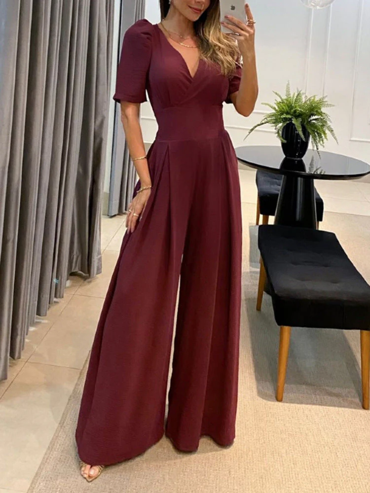 Elegant Casual V-neck Tie High-waisted Short-sleeved Wide-leg Jumpsuit - Image 2