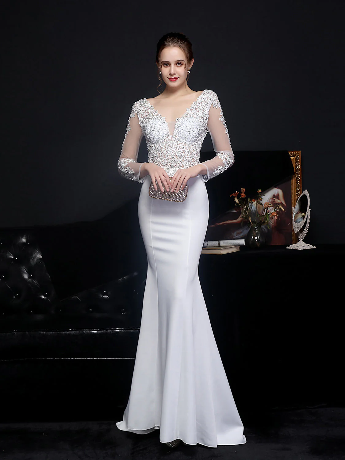 Lace long sleeved evening dress