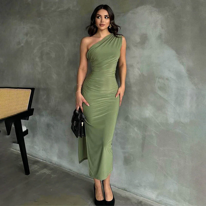 One Shoulder Short Sleeve Asymmetrical Midi Bodycon Dress HB75620