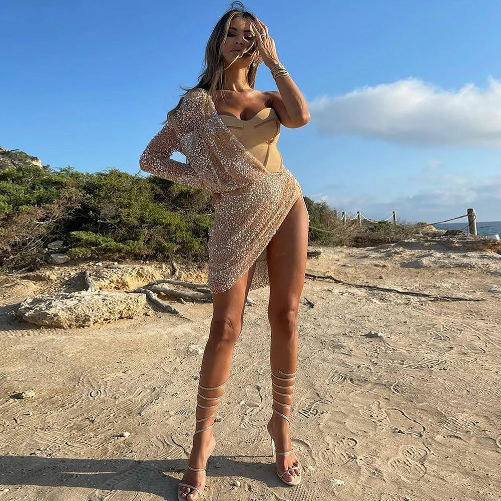 One Shoulder Long Sleeve Sequined Mini Bodycon Dress - Image 3