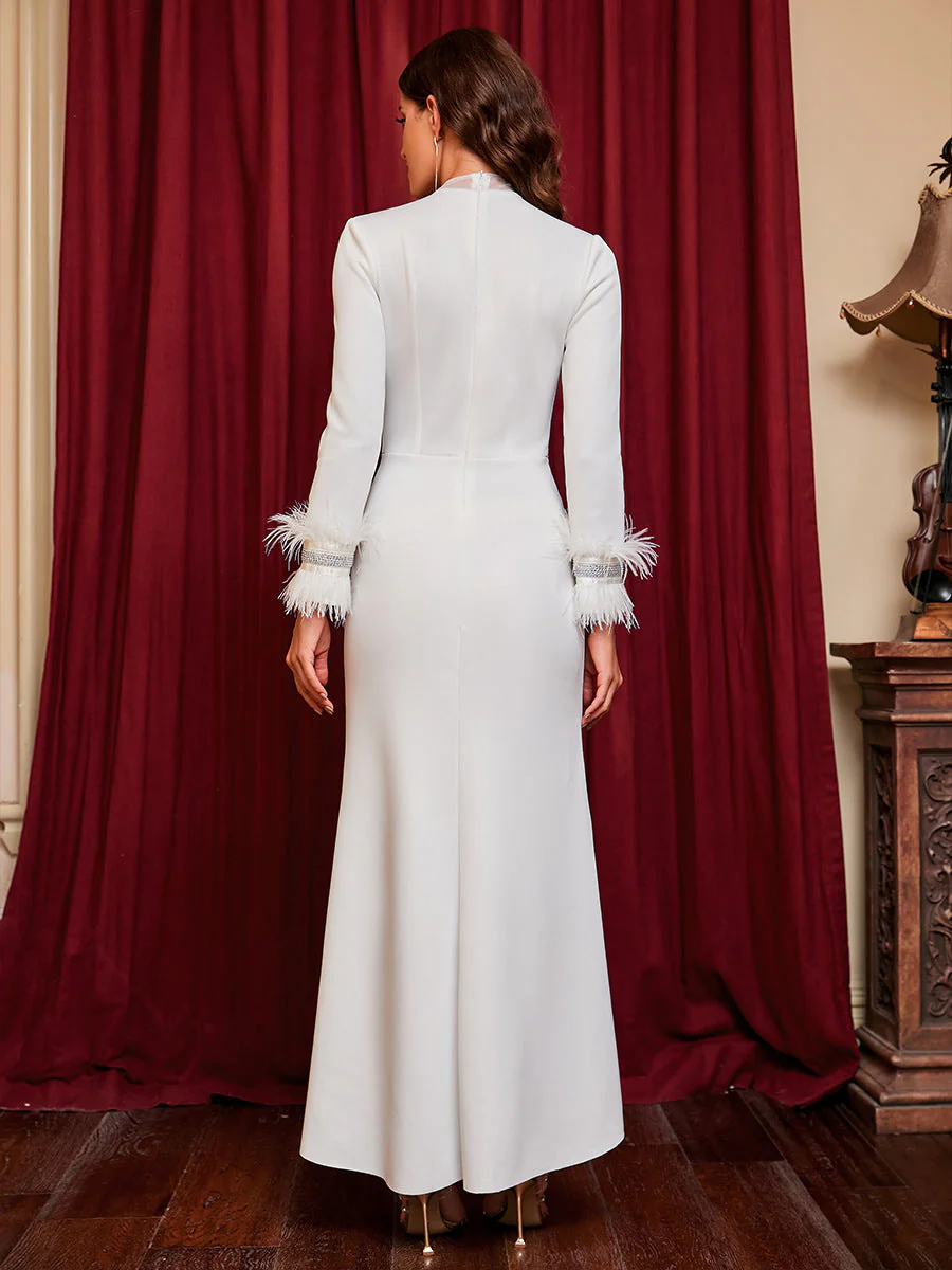 Ironed Diamond Deep V Slit Feather Party Evening Dress - Image 4