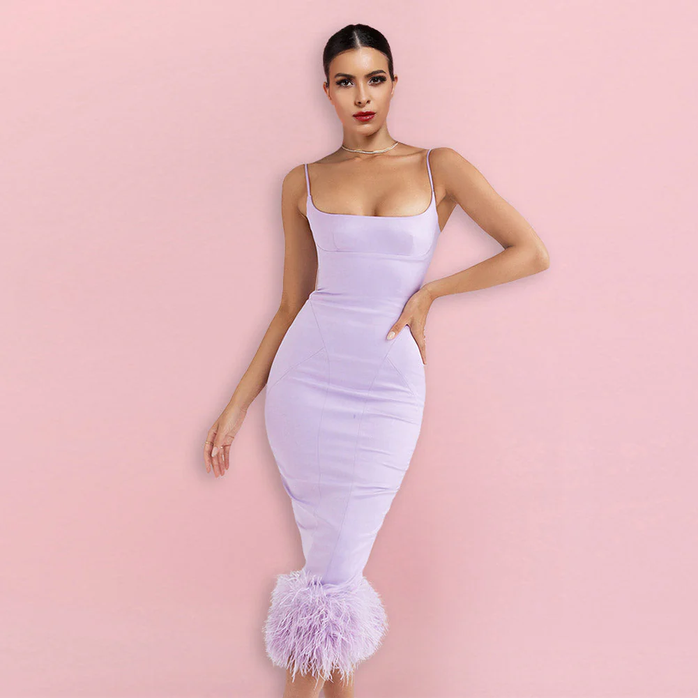 Strappy Sleeveless Midi Feather Bodycon Dress HI1326