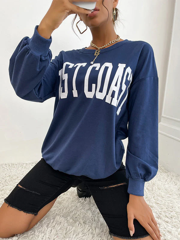 Round Neck Blue Letter Sweatshirt - Image 3