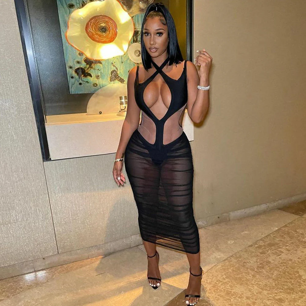 Strappy Sleeveless Mesh Midi Bandage Dress - Image 2