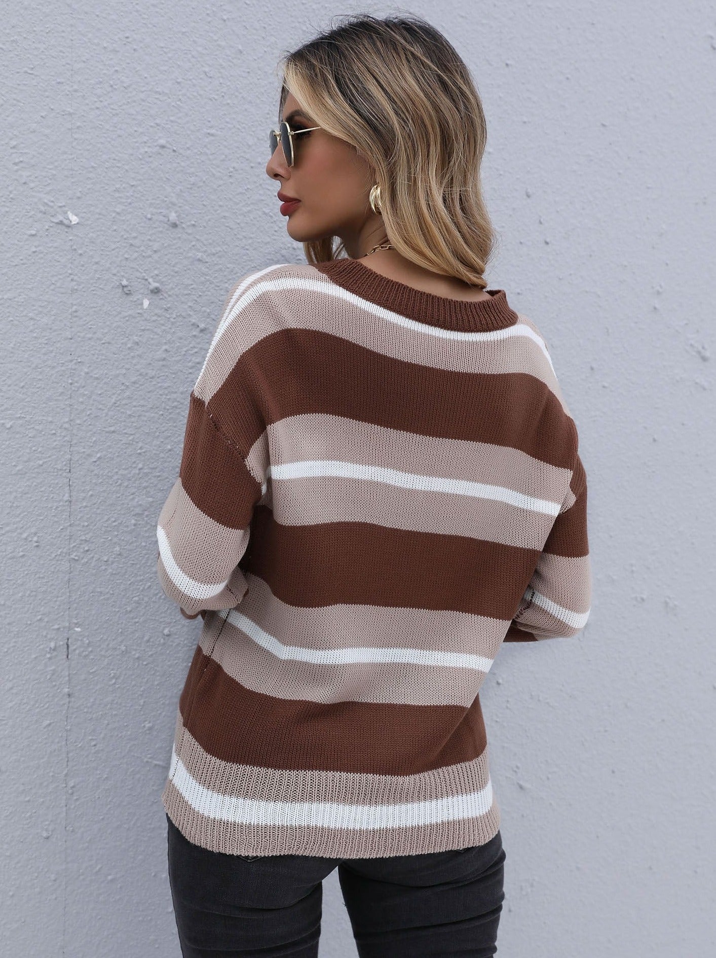 Coffee Color Long Sleeve Striped Sweater - Image 2
