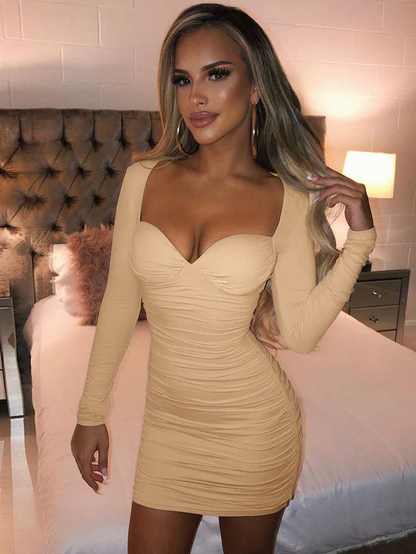 Deep V Tube Top Long Sleeve Slim Fit Wrinkled Fashion Dress - Image 2