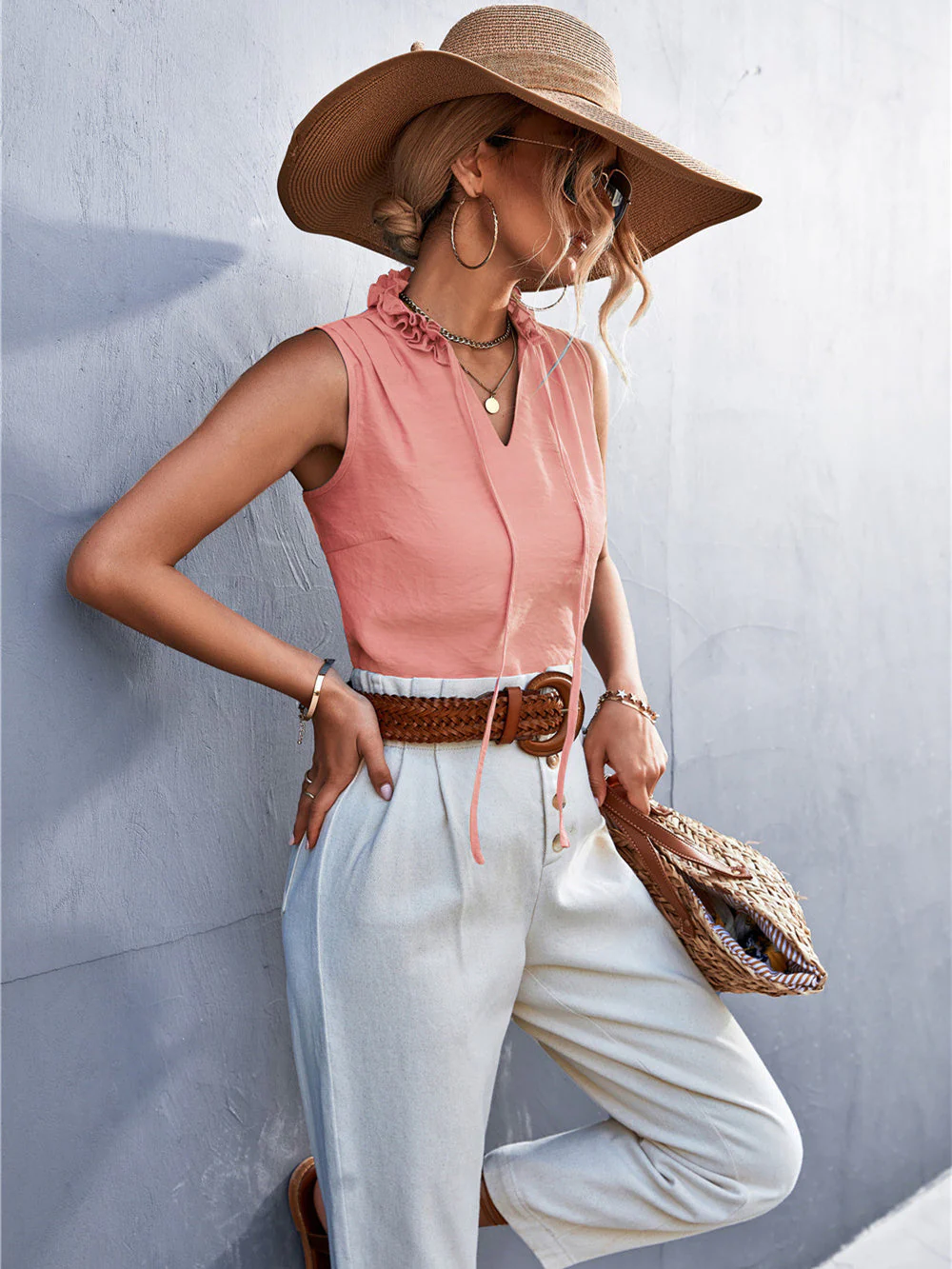 Casual Ruffle V-Neck Tie Sleeveless T-Shirt Top - Image 4