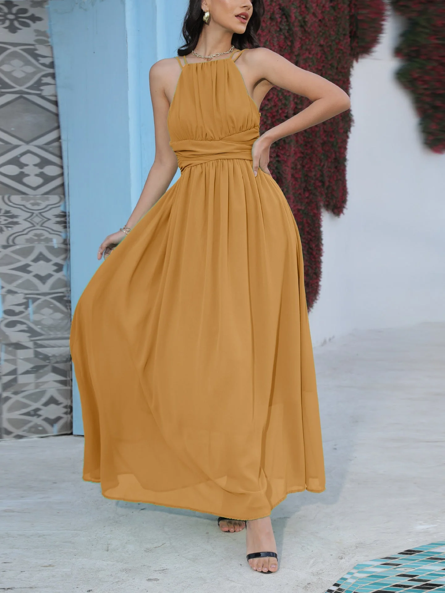 Halter Neck Solid Chiffon Temperament Commuter Dress - Image 3