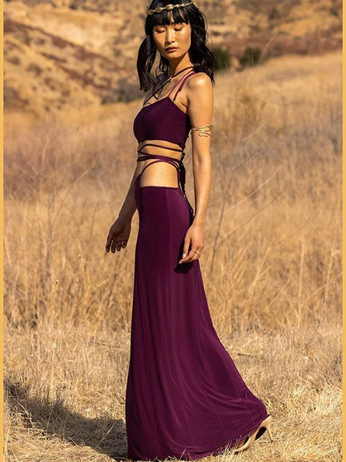 Solid Color Sleeveless Lace-Up Open Irregular Long Skirt Set - Image 2