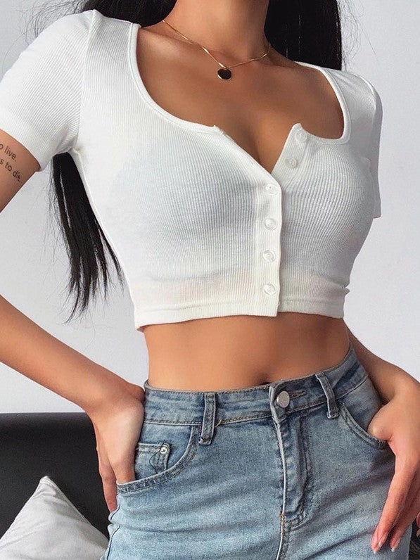 Solid Color Simple Casual Square Neck Top T-Shirt - Image 7