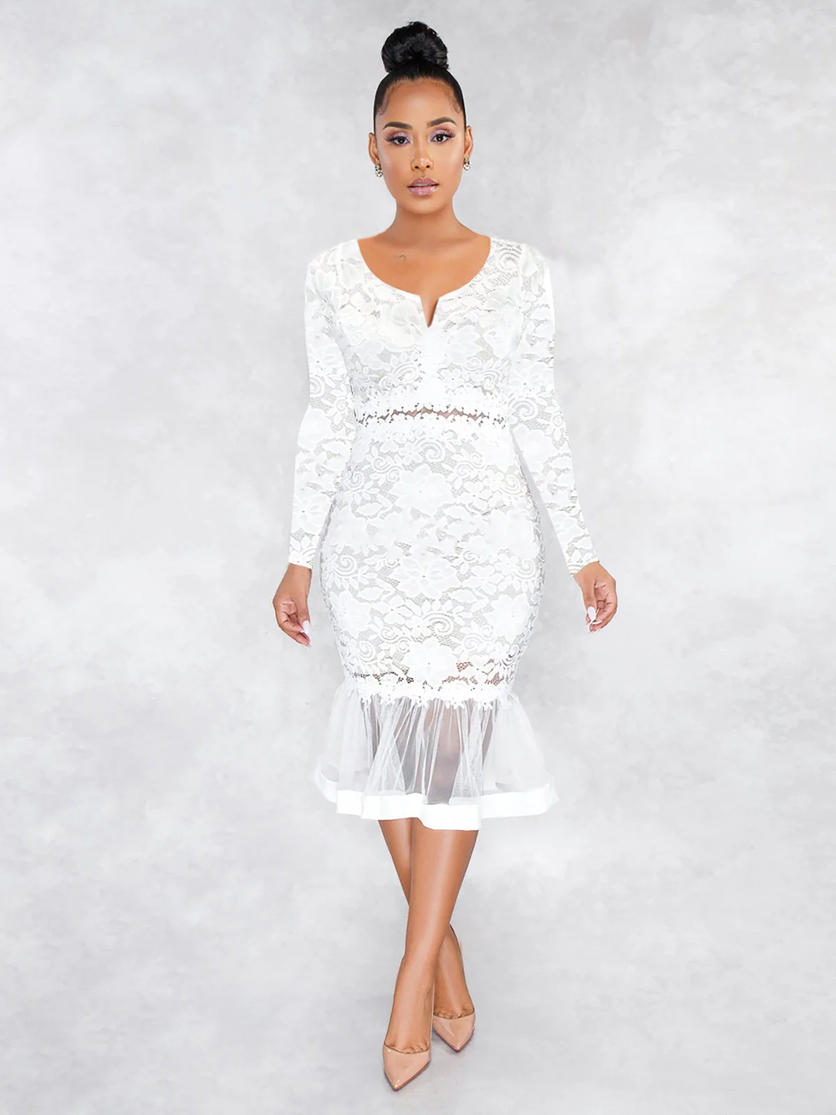 V-neck long sleeve lace fishtail hem dress - Image 3