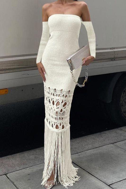 Tassel Off Shoulder Long Skirt Bodycon Dress - Image 3
