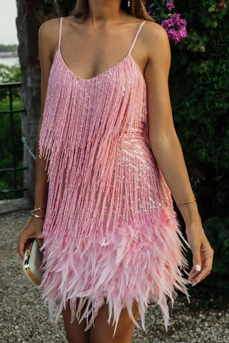 Tassel Sequin Feather Splicing Dress - Image 5