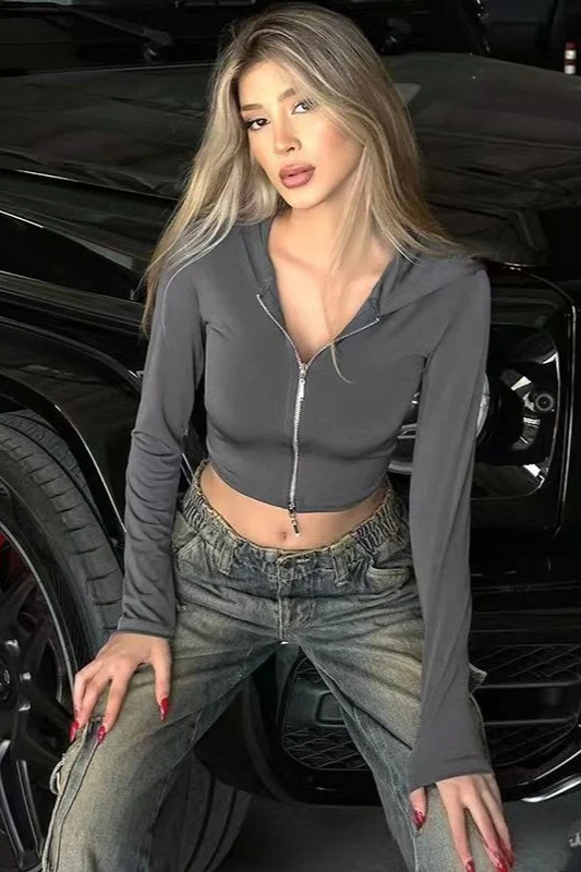 Crop Top Slim Fit Zip-Up Hoodie - Image 3