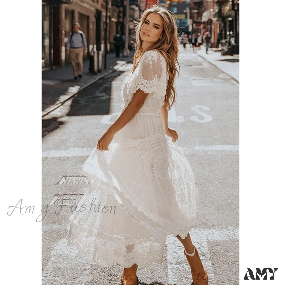 Amy Fashion - Plunge V-Neck Short Sleeve Lace Maxi Dress - Image 4