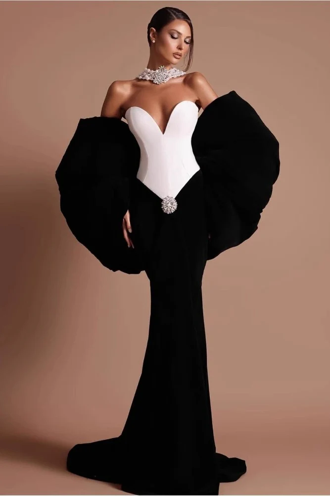 Crystal-Floral Luxury Black-White Bodycon Strapless Party Dress