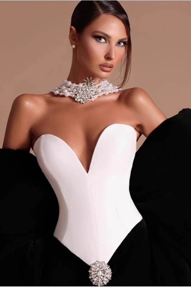 Crystal-Floral Luxury Black-White Bodycon Strapless Party Dress - Image 2
