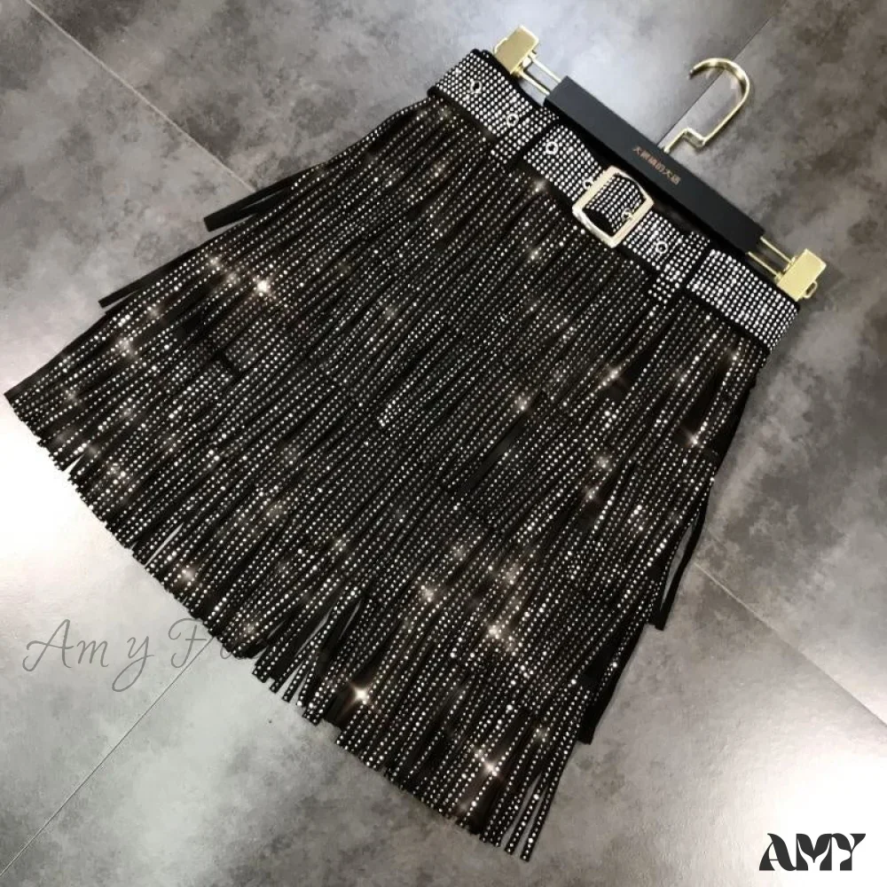Amy Fashion - Rhinestones Tassel  High Waist Belt Skirt - Image 3