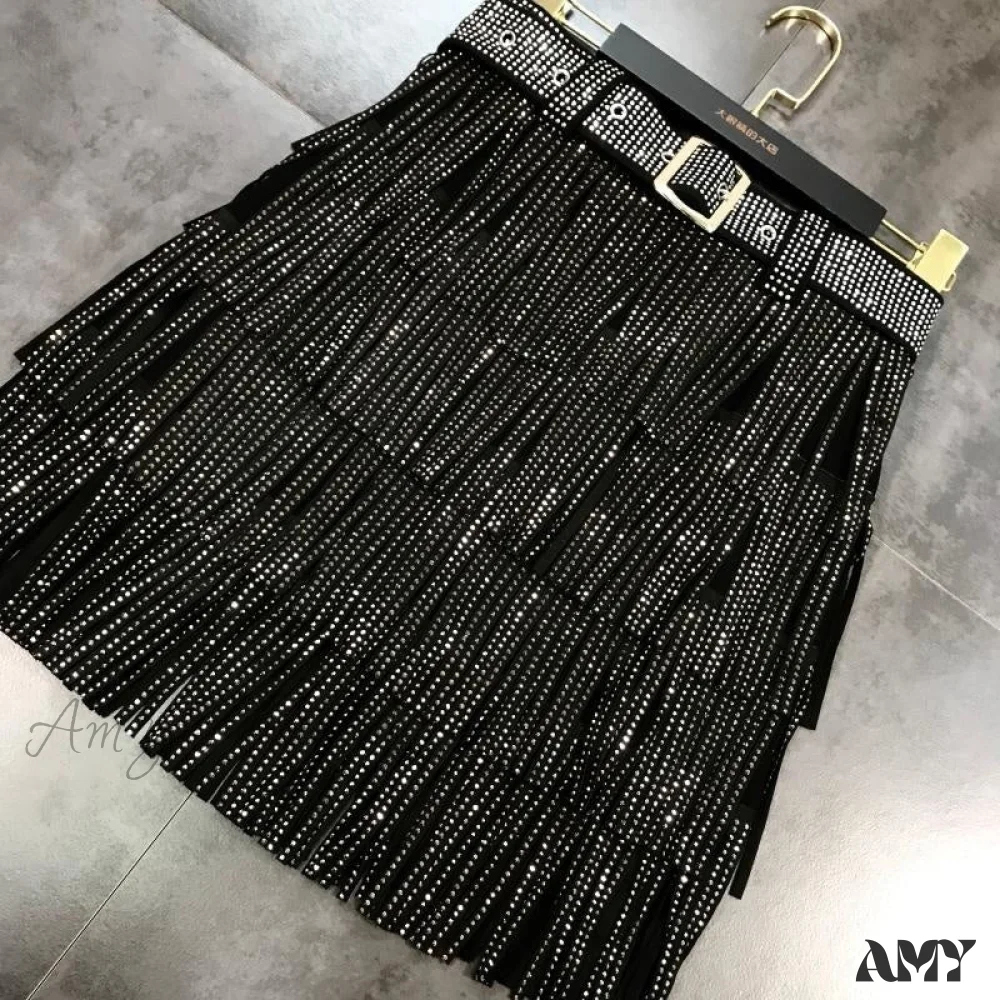 Amy Fashion - Rhinestones Tassel  High Waist Belt Skirt - Image 6