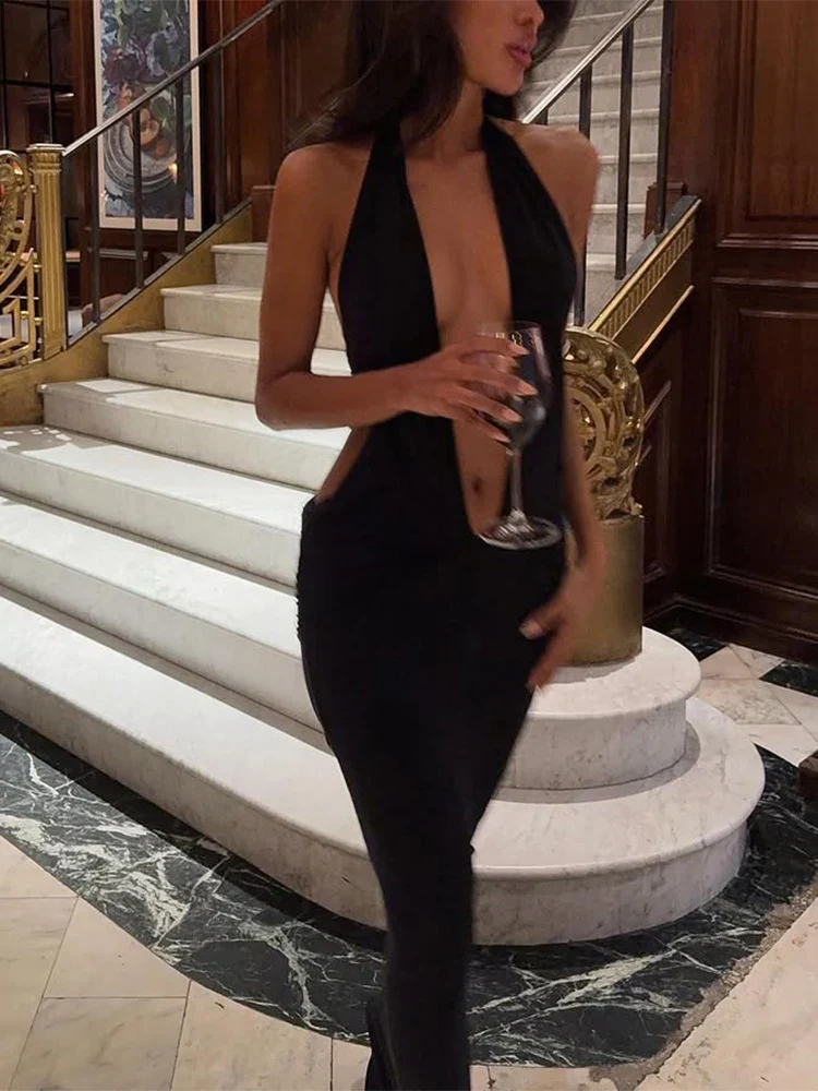 Deep V Halter Bandage Slim Party Dress
