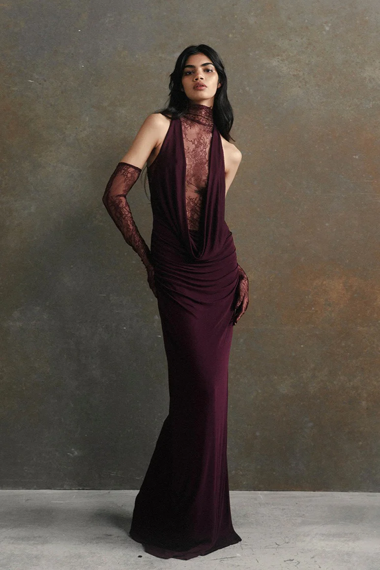 Deep V Lace Cut-Out Slim Long-Sleeve Party Dress