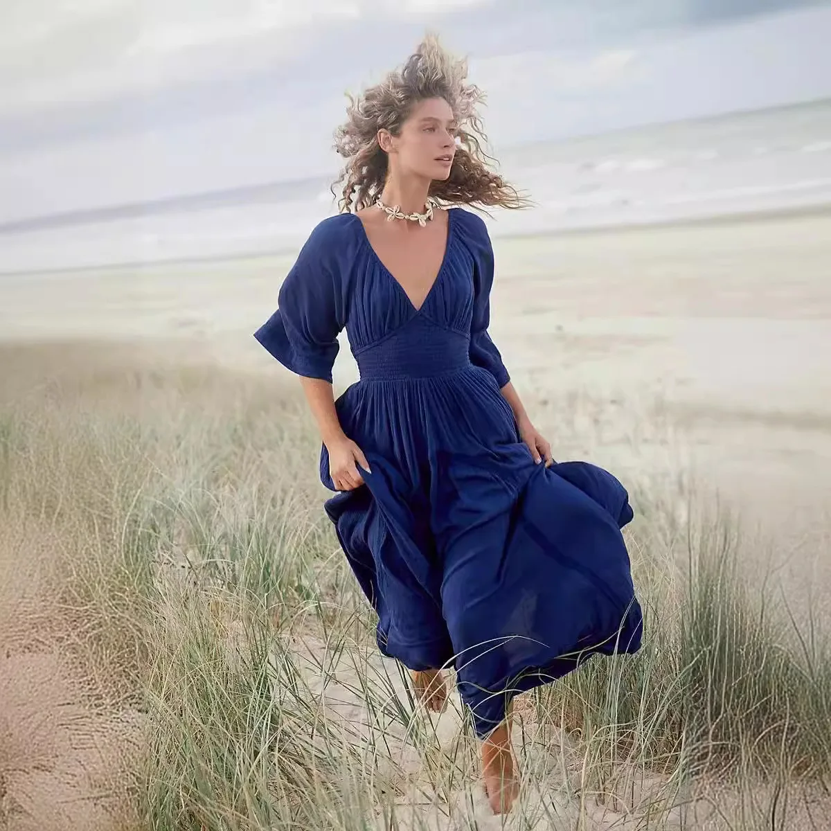 Deep V Neck Polyester Elastic Waist Boho Dress - Image 5