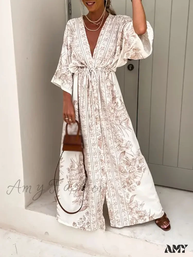Amy Fashion - Deep V Neck Waist Drawstring Spring Pattern Vintage Boho Dress - Image 3